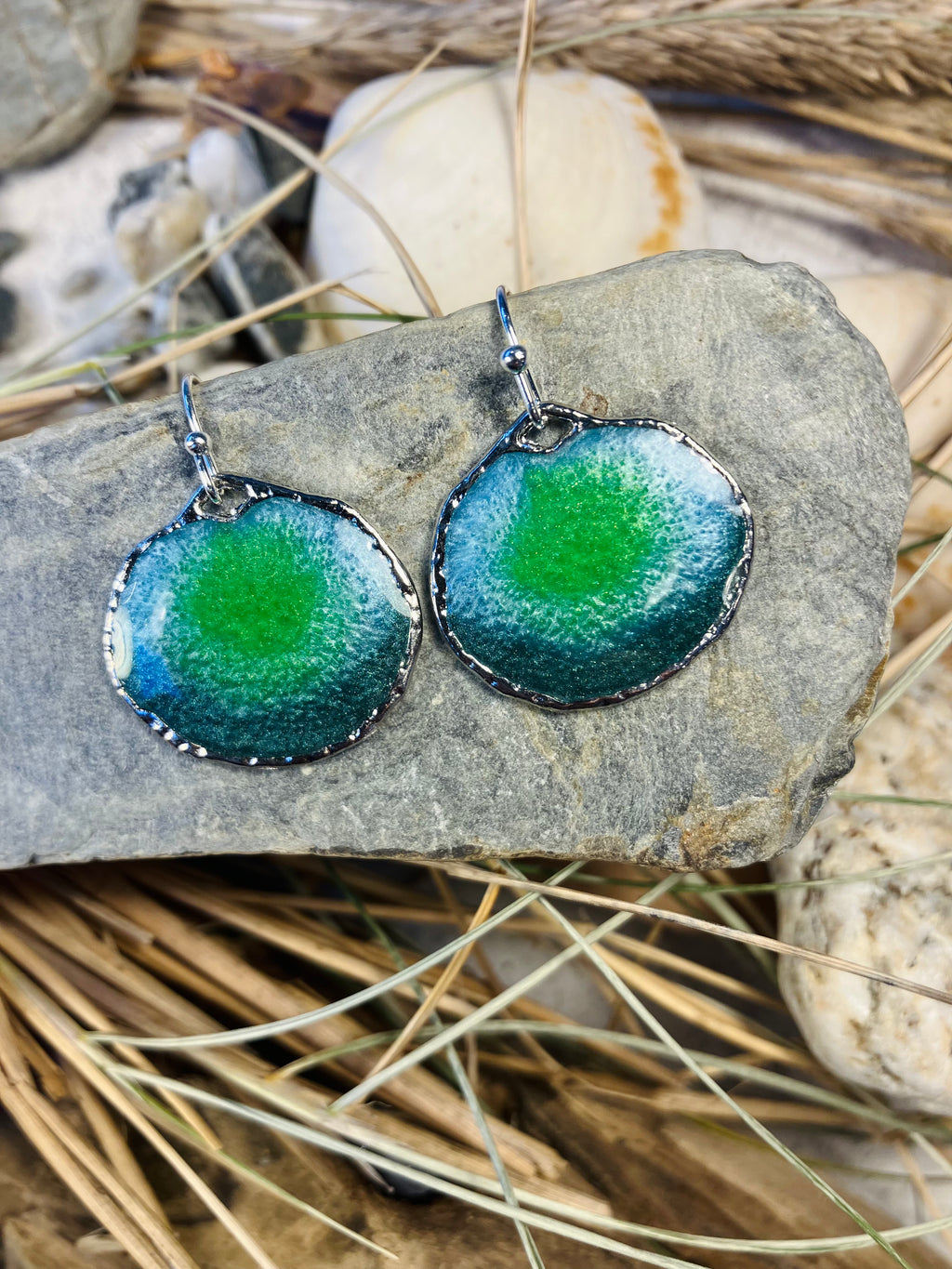 Under the Sea. Kelp Greens. Hand Made Cornish Earrings.