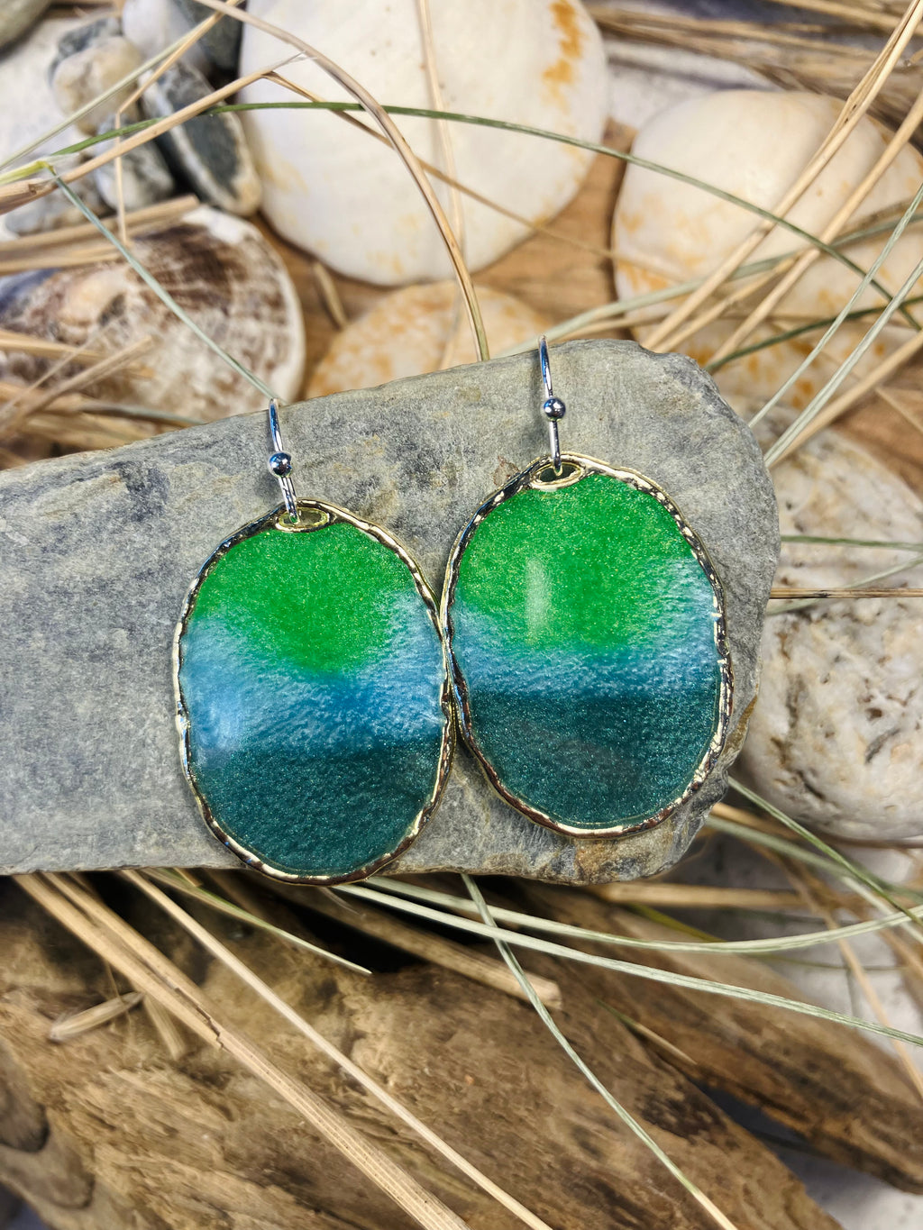 Under the Sea. Kelp Greens. Hand Made Cornish Earrings.