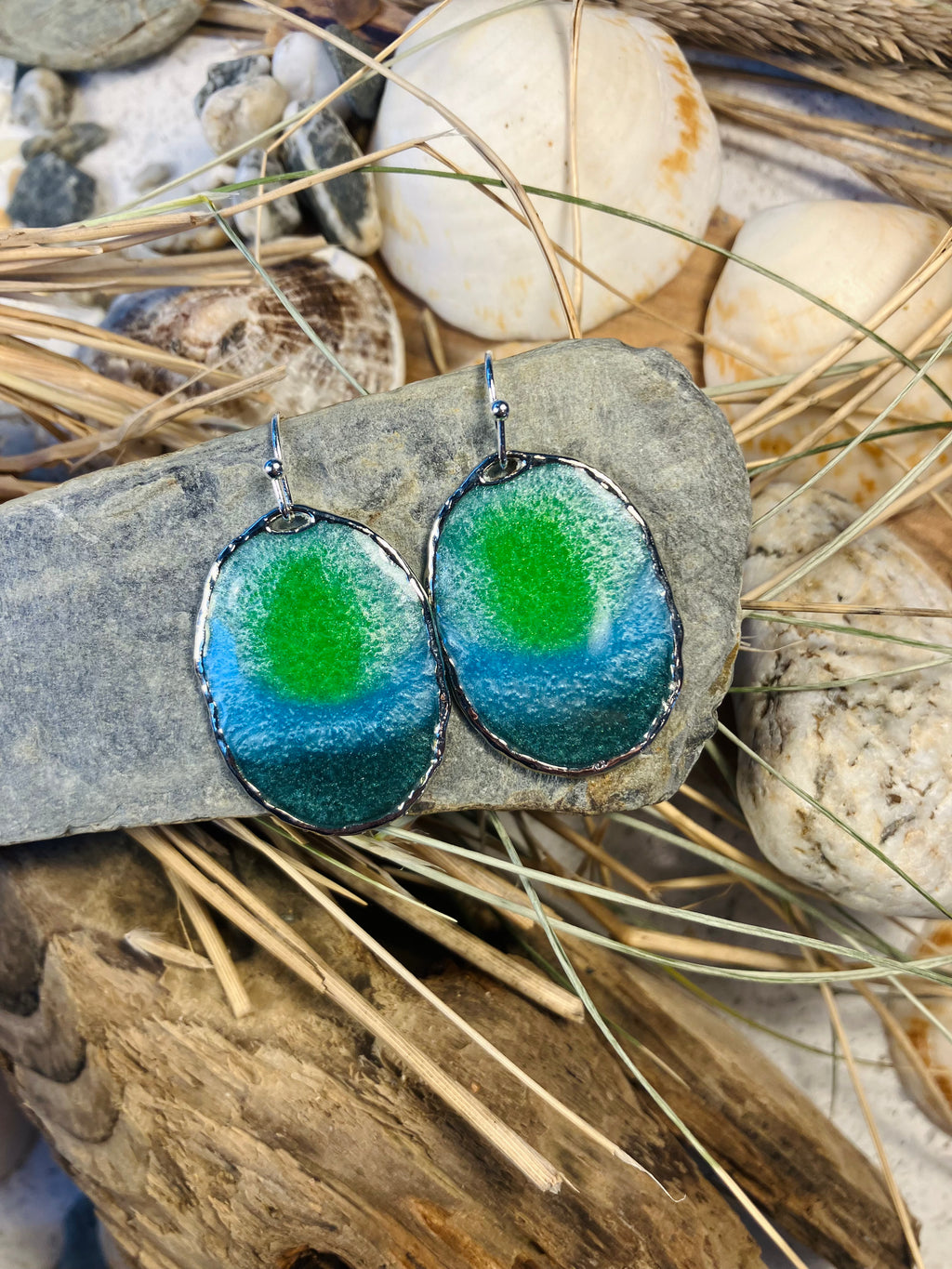 Under the Sea. Kelp Greens. Hand Made Cornish Earrings.
